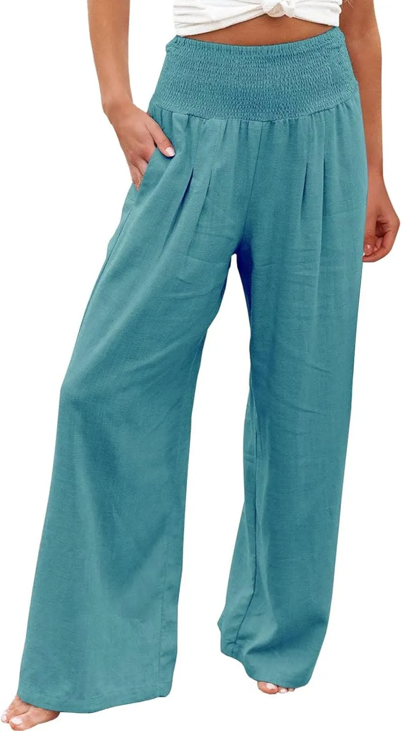 High Waist Wide Leg Palazzo Pants for Women Smocked Elastic Waist Loose Comfy Casual Pajama Pants Pockets Casual