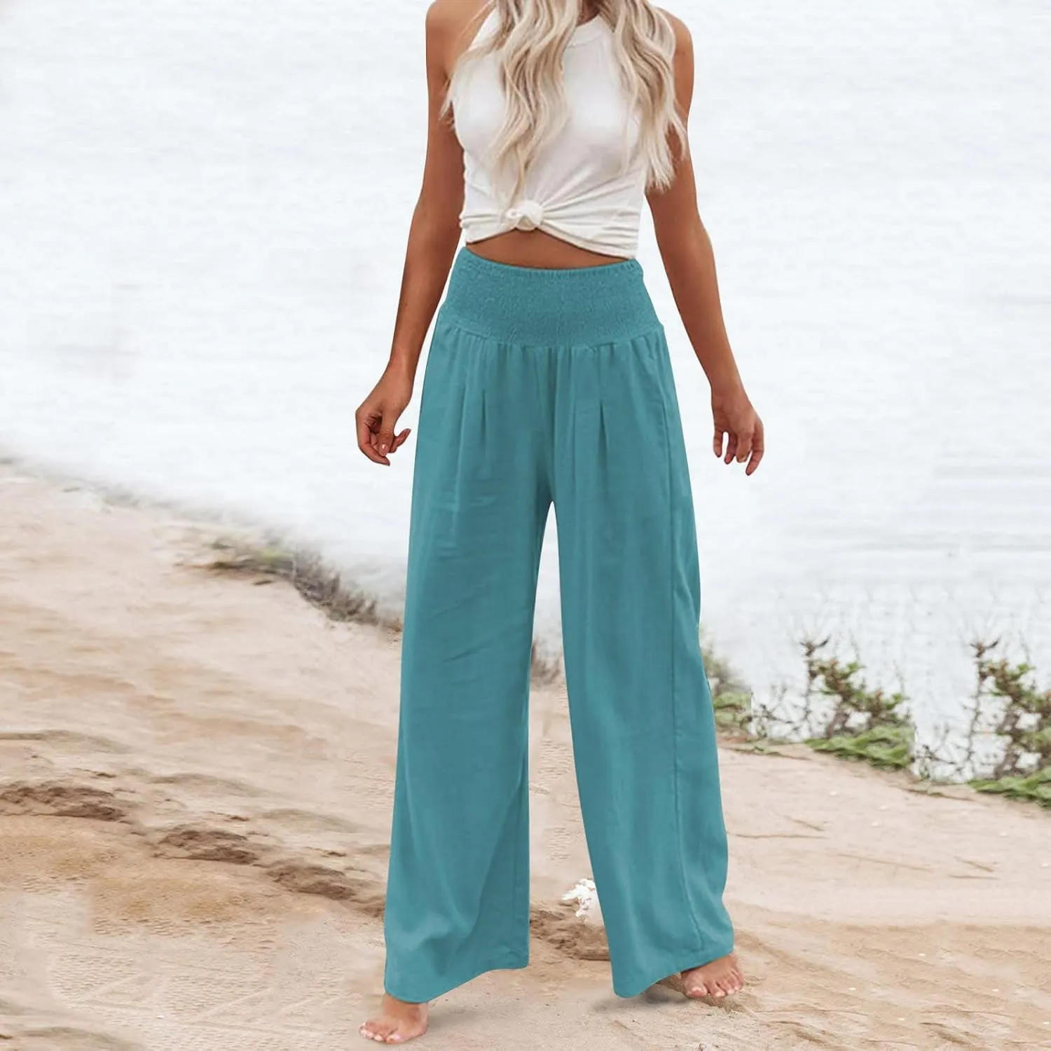 High Waist Wide Leg Palazzo Pants for Women Smocked Elastic Waist Loose Comfy Casual Pajama Pants Pockets Casual