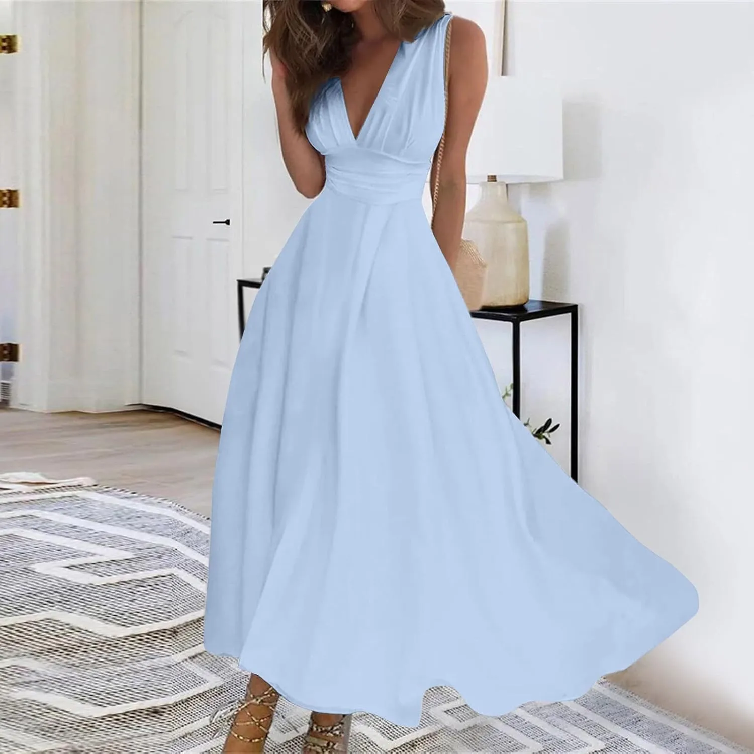 HXHYQKP Dresses for Women 2025 A Line Swing Dress Wrap V Neck Sleeveless Maxi Dress Trendy Floral Print Flowy Beach Dress
