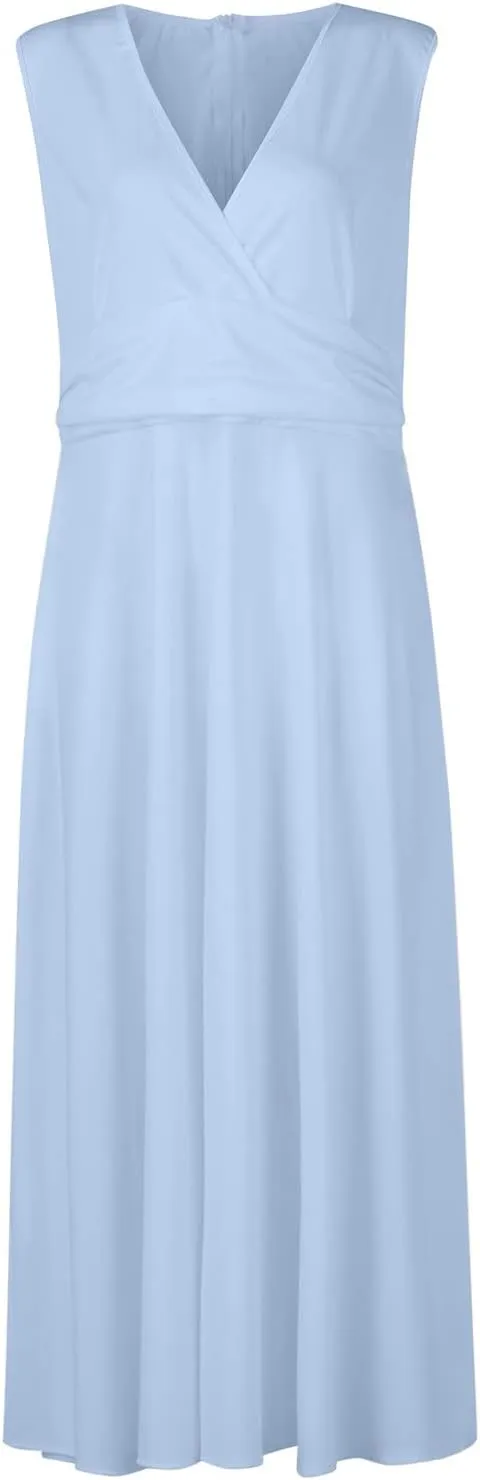 HXHYQKP Dresses for Women 2025 A Line Swing Dress Wrap V Neck Sleeveless Maxi Dress Trendy Floral Print Flowy Beach Dress