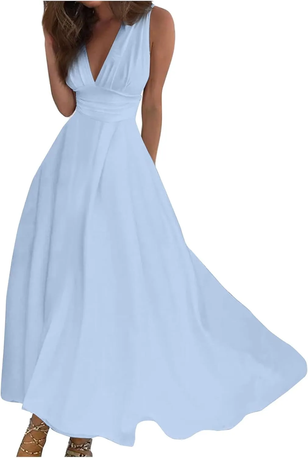 HXHYQKP Dresses for Women 2025 A Line Swing Dress Wrap V Neck Sleeveless Maxi Dress Trendy Floral Print Flowy Beach Dress