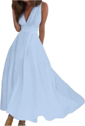 HXHYQKP Dresses for Women 2025 A Line Swing Dress Wrap V Neck Sleeveless Maxi Dress Trendy Floral Print Flowy Beach Dress