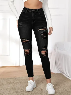 Jeans for Women Pants for Women Women's Jeans High Stretch Ripped Skinny Jeans (Color : Black, Size : Medium)