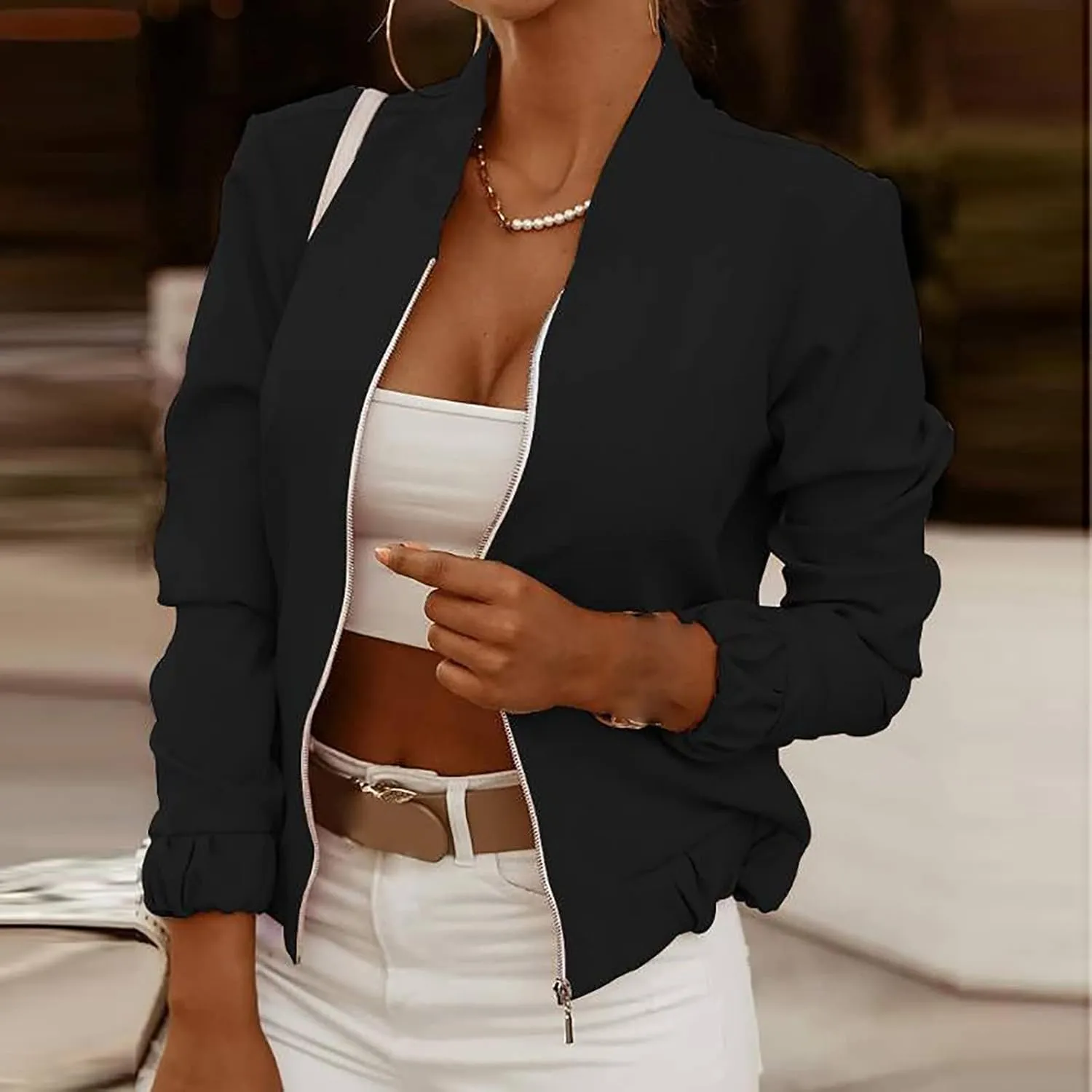 JEGULV Blazer for Women Fashion Print Jackets Stand Collar Slim Fit Cardigan Zip Up Business Office Suit for Work