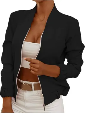JEGULV Blazer for Women Fashion Print Jackets Stand Collar Slim Fit Cardigan Zip Up Business Office Suit for Work