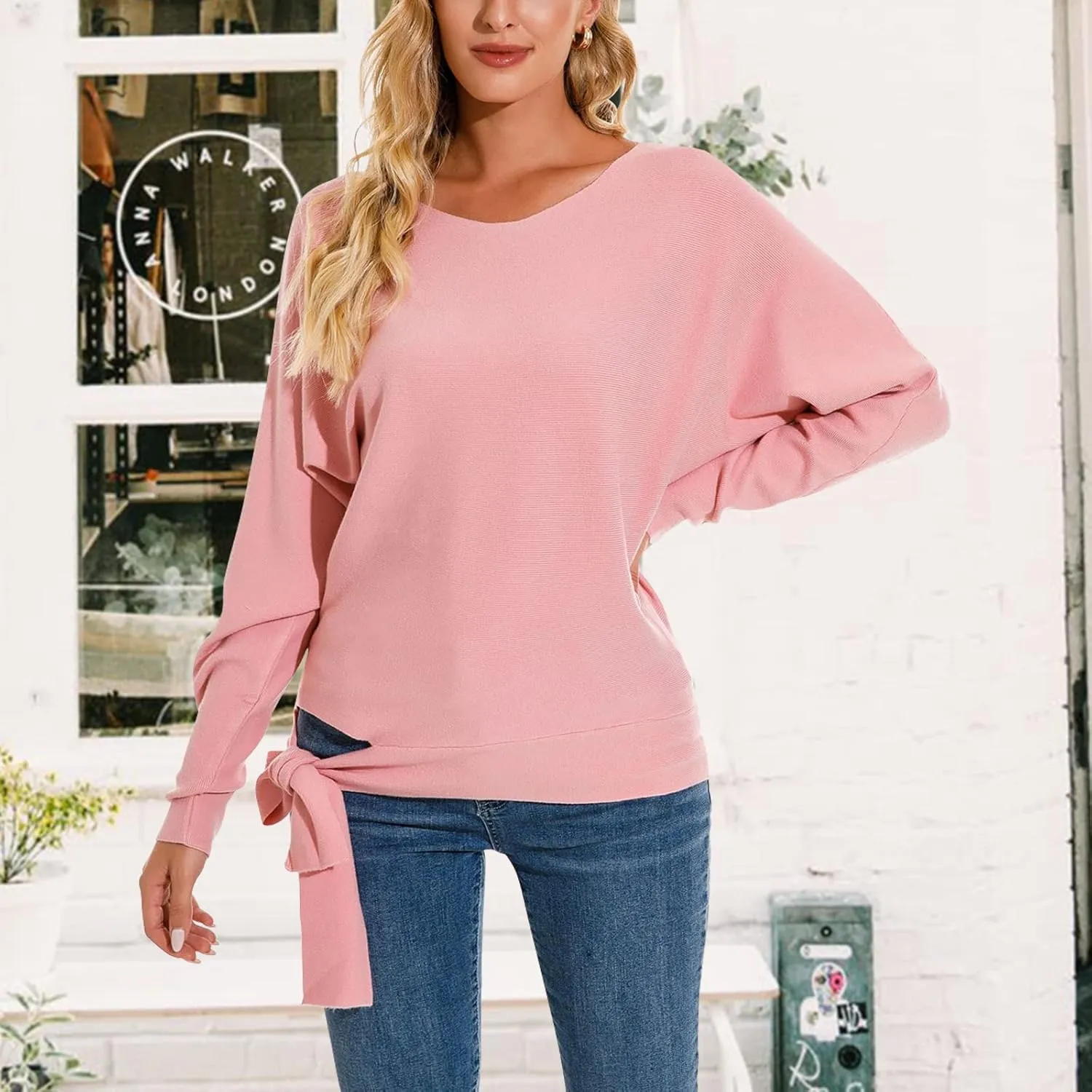 Knemksplanet Women Sweaters Boat Neck Batwing Sleeves Slouchy Knitted Sweaters Casual Pullovers Tops for Women