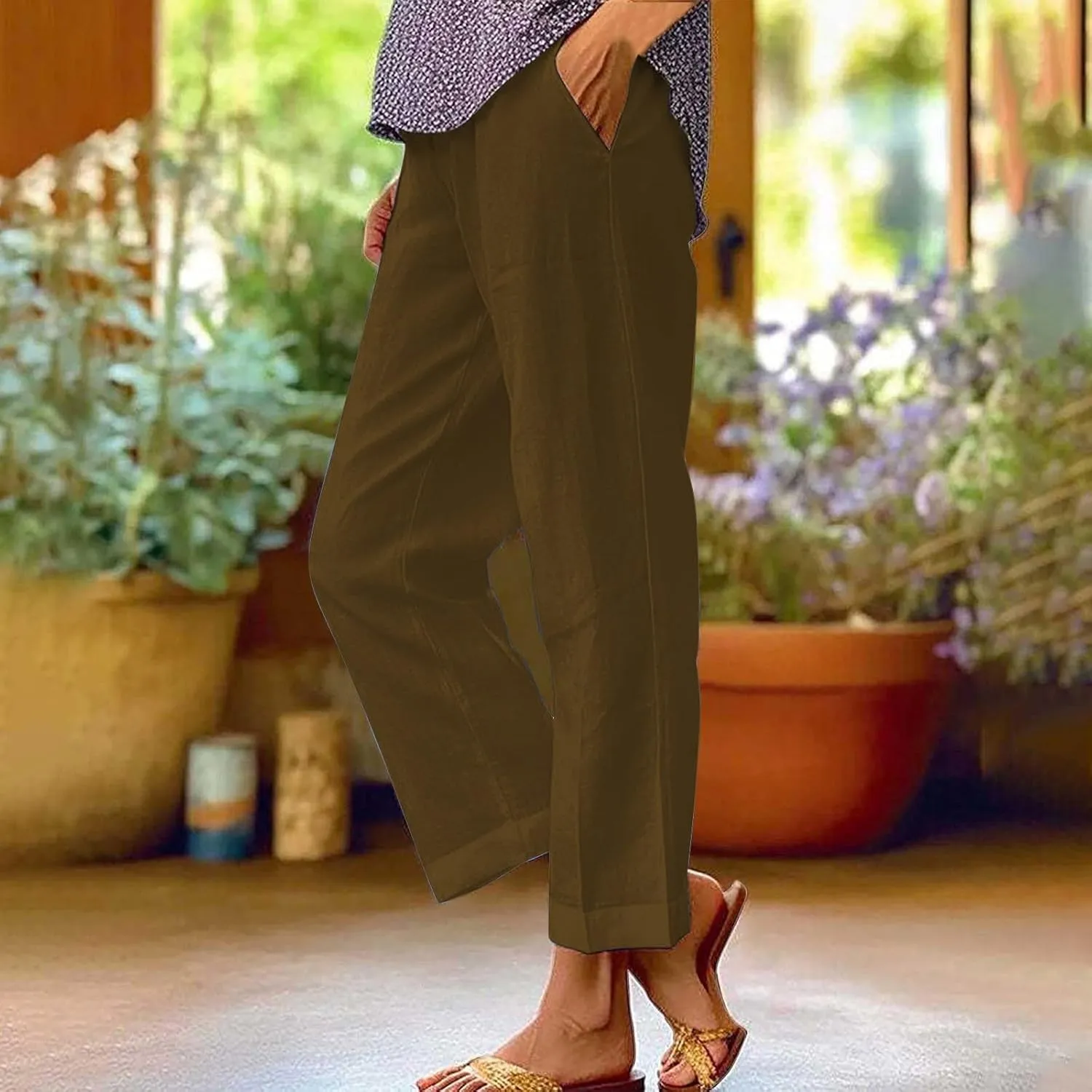 LCMTWX Women's Linen Pants Patchwork Cotton and Linen Casual Pants Casual Straight Leg Drawstring Elastic Woman Linen Pants