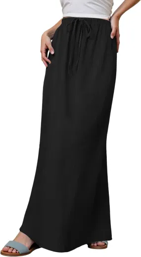 Linen Maxi Skirts for Women Trendy Summer Comfy Drawstring Waist A Line Skirts Cute Vacation Boho Long Flowy Skirts