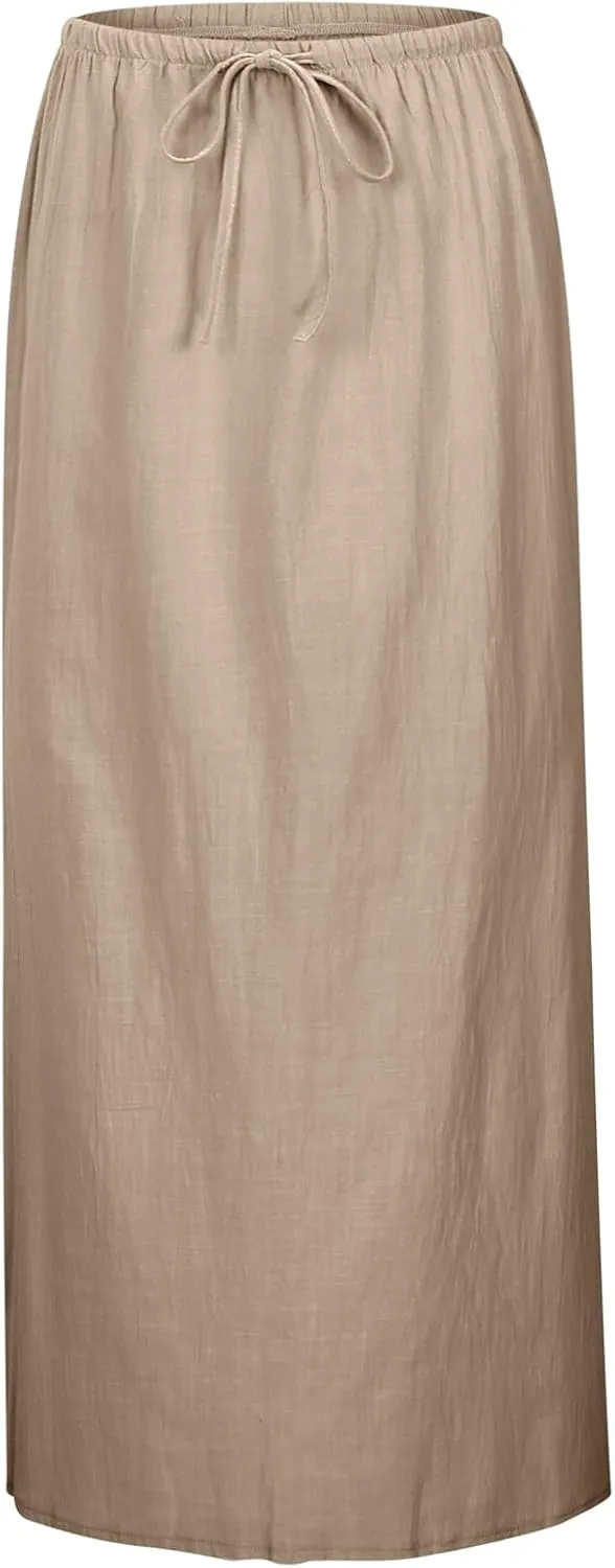 Linen Maxi Skirts for Women Trendy Summer Comfy Drawstring Waist A Line Skirts Cute Vacation Boho Long Flowy Skirts