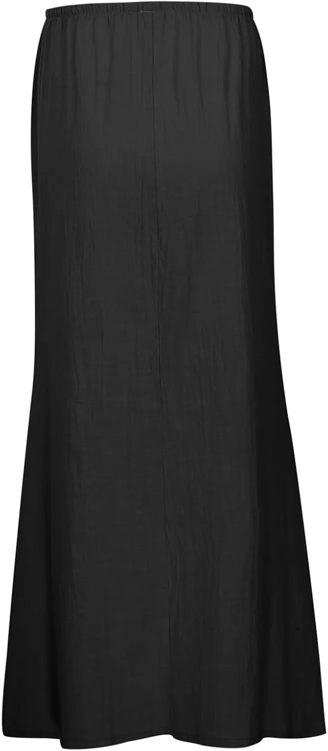 Linen Maxi Skirts for Women Trendy Summer Comfy Drawstring Waist A Line Skirts Cute Vacation Boho Long Flowy Skirts