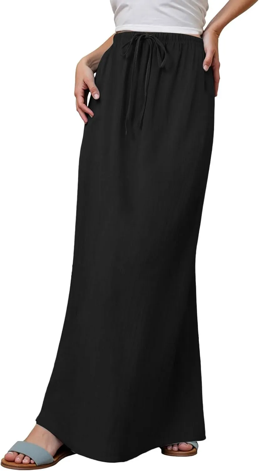 Linen Maxi Skirts for Women Trendy Summer Comfy Drawstring Waist A Line Skirts Cute Vacation Boho Long Flowy Skirts