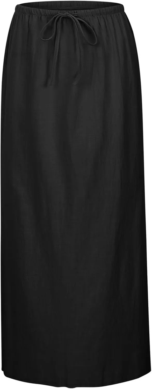 Linen Maxi Skirts for Women Trendy Summer Comfy Drawstring Waist A Line Skirts Cute Vacation Boho Long Flowy Skirts