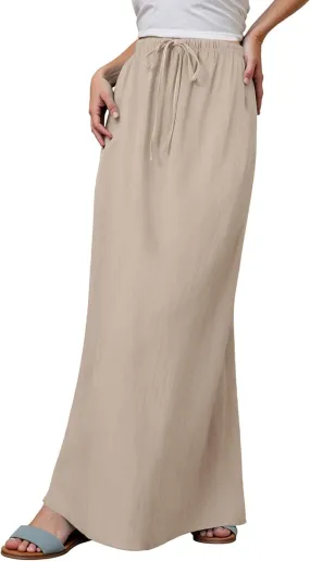 Linen Maxi Skirts for Women Trendy Summer Comfy Drawstring Waist A Line Skirts Cute Vacation Boho Long Flowy Skirts