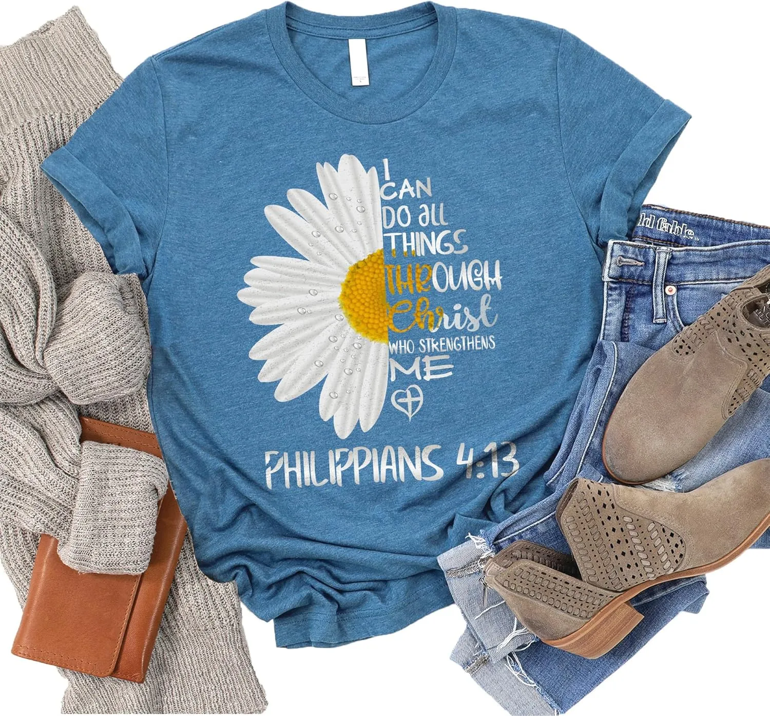 Love in Faith Christian Shirts for Women | I Can Do All Things Daisy | Faith Shirts for Women  Christian T Shirts