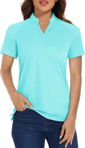 MAGCOMSEN Women's Golf Polo Shirts UPF 50  V Neck Collarless Short Sleeve Shirts Quick Dry Tennis T-Shirts