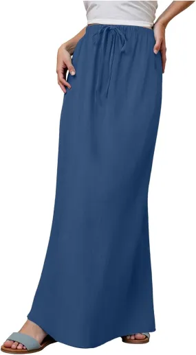 Maxi Skirts for Women Plus Size,Womens Linen Maxi Skirts Elastic Waist Drawstring A Line Skirts Vacation Flowy Skirt