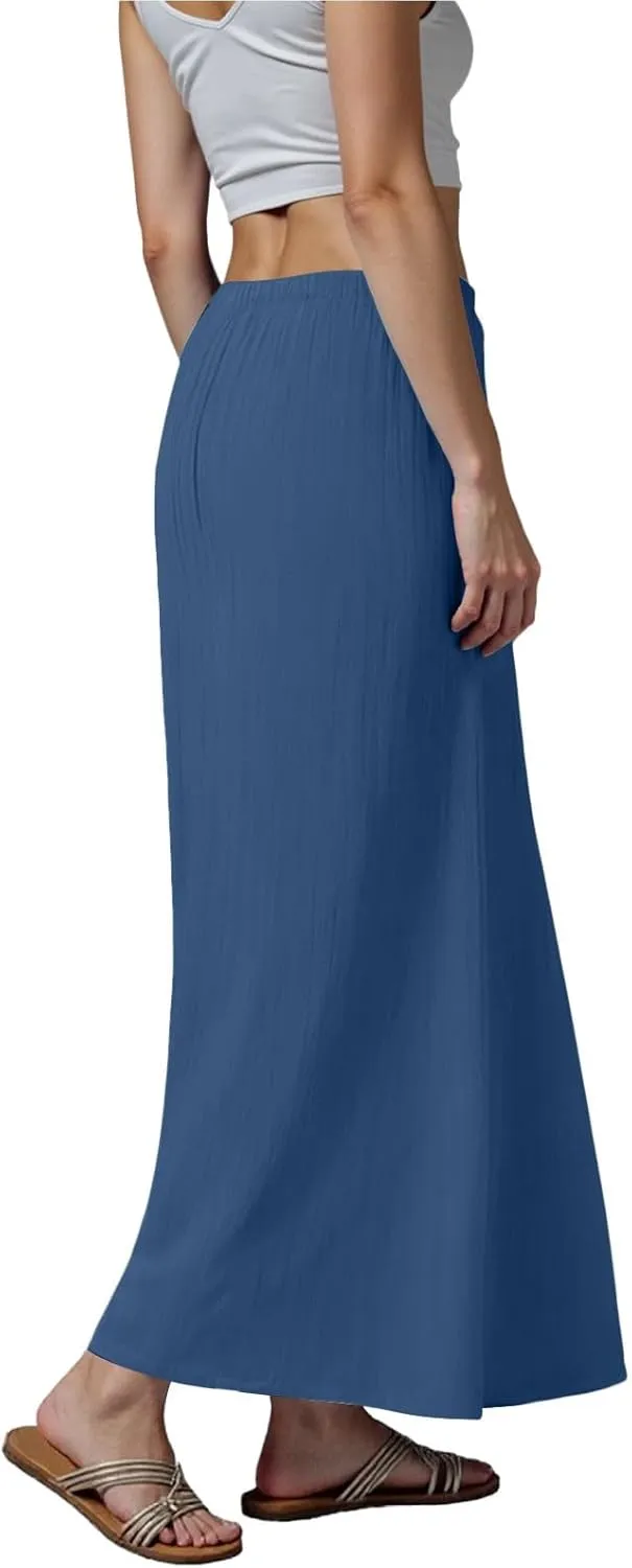 Maxi Skirts for Women Plus Size,Womens Linen Maxi Skirts Elastic Waist Drawstring A Line Skirts Vacation Flowy Skirt