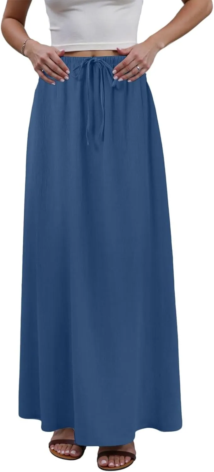 Maxi Skirts for Women Plus Size,Womens Linen Maxi Skirts Elastic Waist Drawstring A Line Skirts Vacation Flowy Skirt