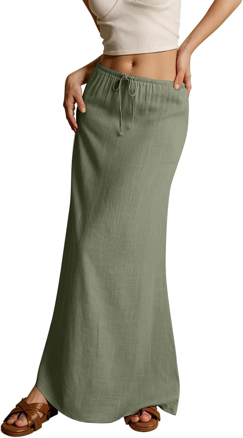 Maxi Skirts for Women Plus Size,Womens Linen Maxi Skirts Elastic Waist Drawstring A Line Skirts Vacation Flowy Skirt