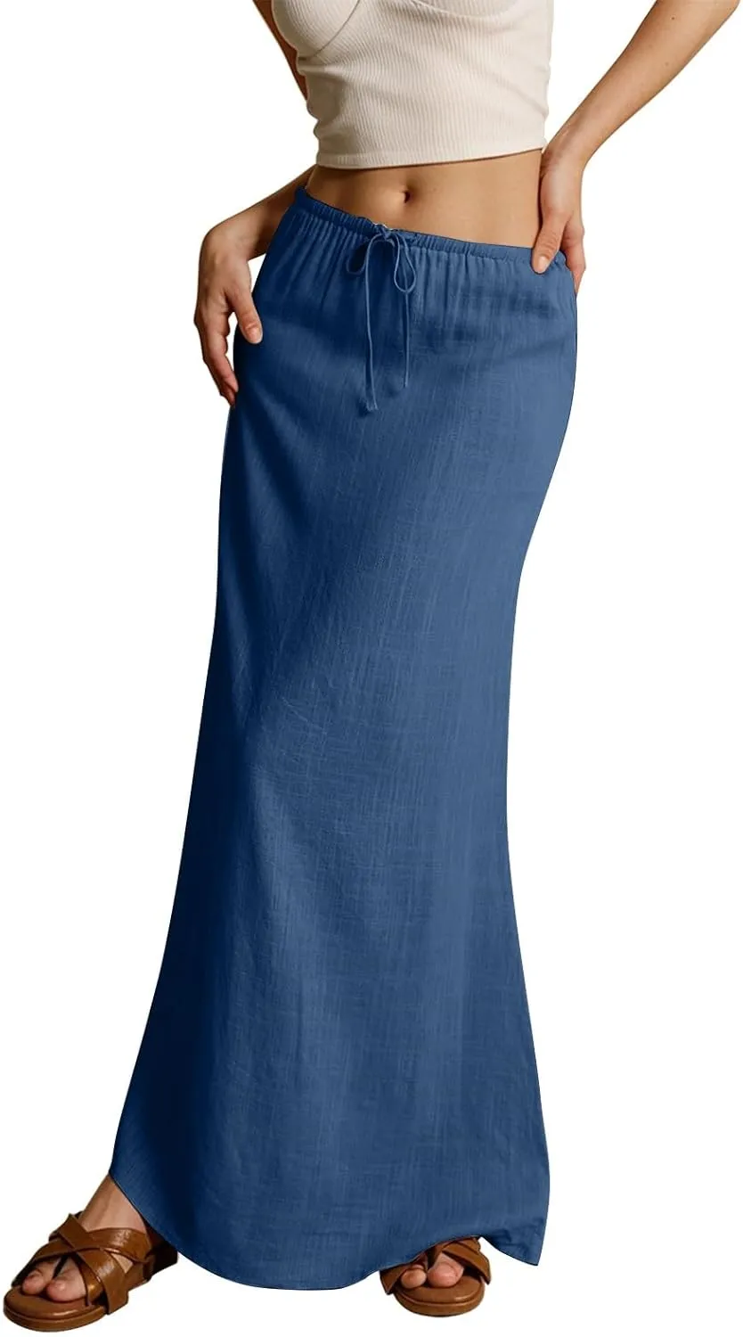 Maxi Skirts for Women Plus Size,Womens Linen Maxi Skirts Elastic Waist Drawstring A Line Skirts Vacation Flowy Skirt
