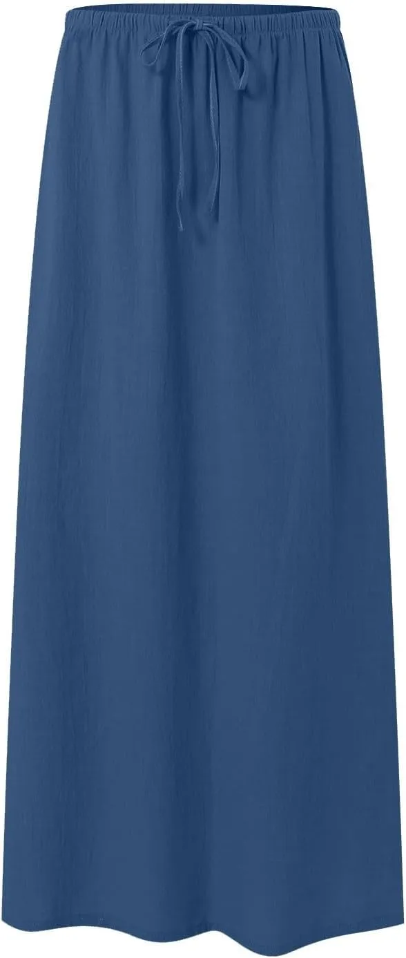Maxi Skirts for Women Plus Size,Womens Linen Maxi Skirts Elastic Waist Drawstring A Line Skirts Vacation Flowy Skirt