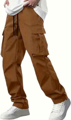 Mens Cargo Pants Work Loose Casual Leggings Solid Casual Streetwear Drawstring Elastic Waist Trousers Pockets