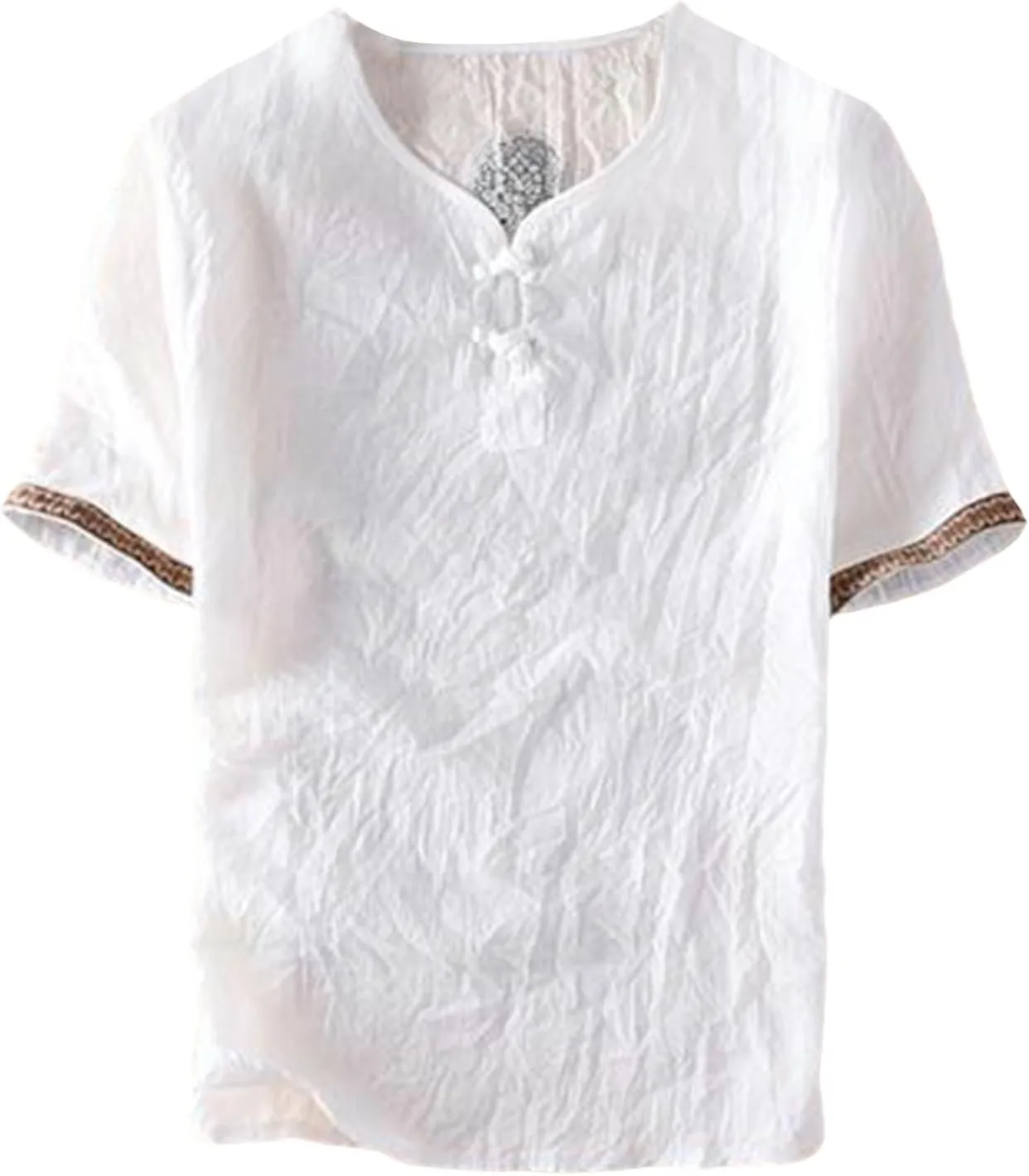 Men's Linen T-Shirts Vintage Boho Embroidery 3/4 Sleeve Cotton Tees Regular-Fit Henley Shirts Lightweight Beach Tops