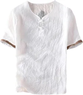 Men's Linen T-Shirts Vintage Boho Embroidery 3/4 Sleeve Cotton Tees Regular-Fit Henley Shirts Lightweight Beach Tops