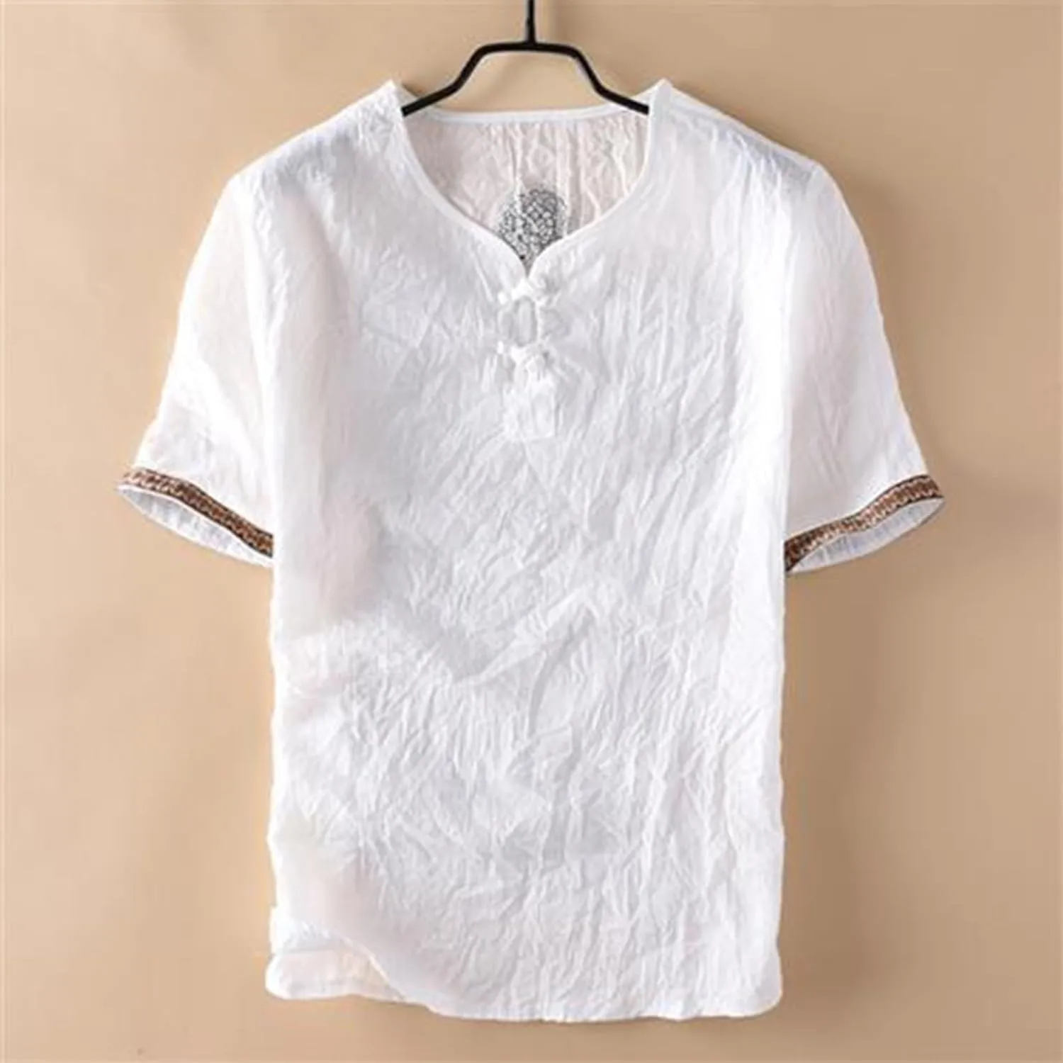 Men's Linen T-Shirts Vintage Boho Embroidery 3/4 Sleeve Cotton Tees Regular-Fit Henley Shirts Lightweight Beach Tops