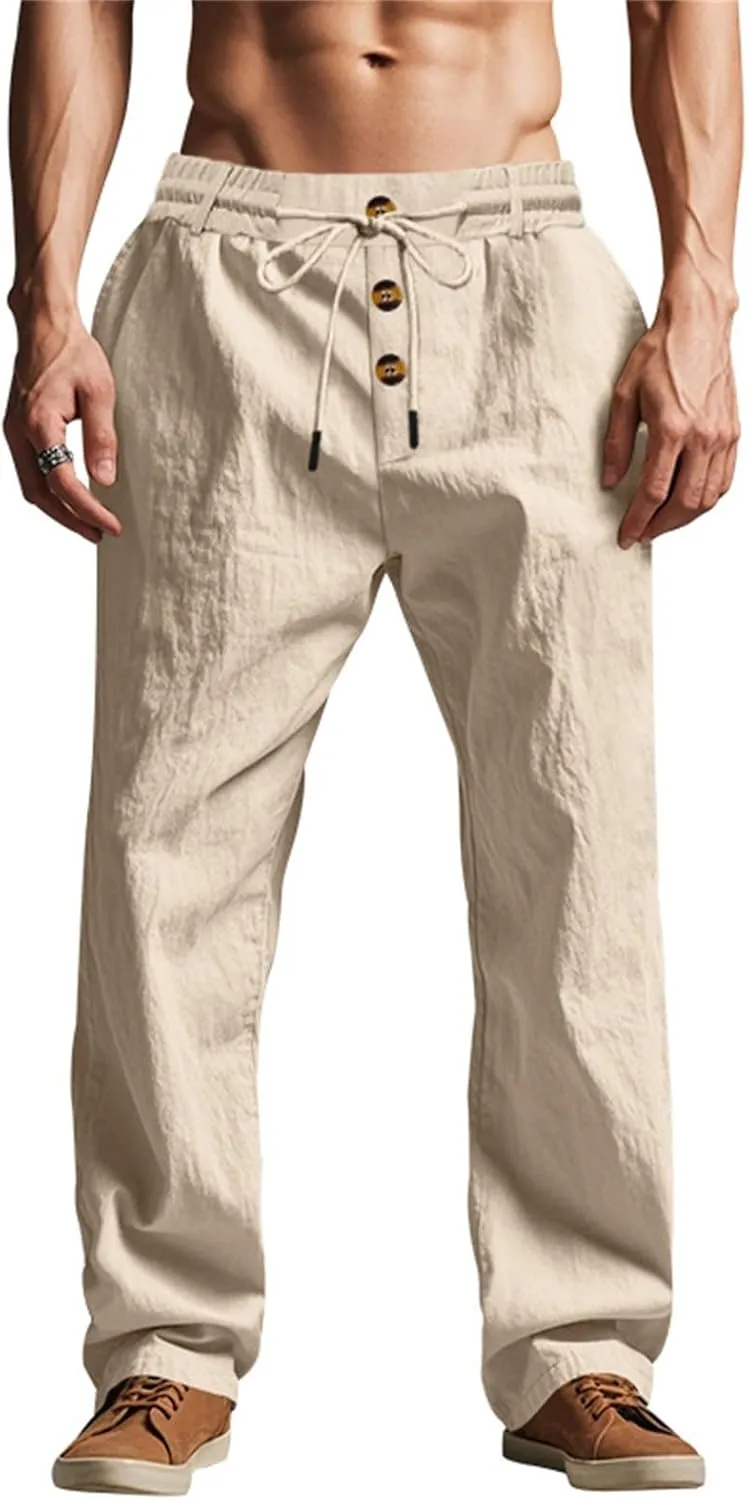 Mens Pants Casual Linen Drawstring Elastic Waist Loose Fit Casual Pants Lightweight Straight Leg Beach Yoga Trousers