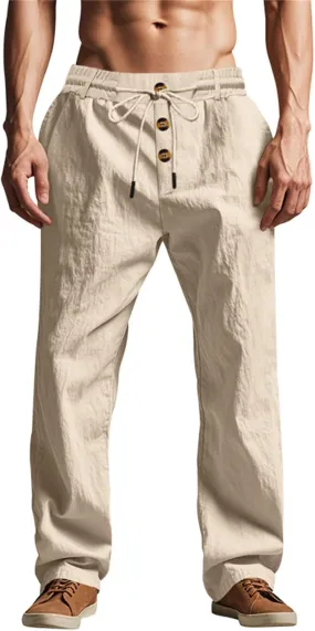 Mens Pants Casual Linen Drawstring Elastic Waist Loose Fit Casual Pants Lightweight Straight Leg Beach Yoga Trousers