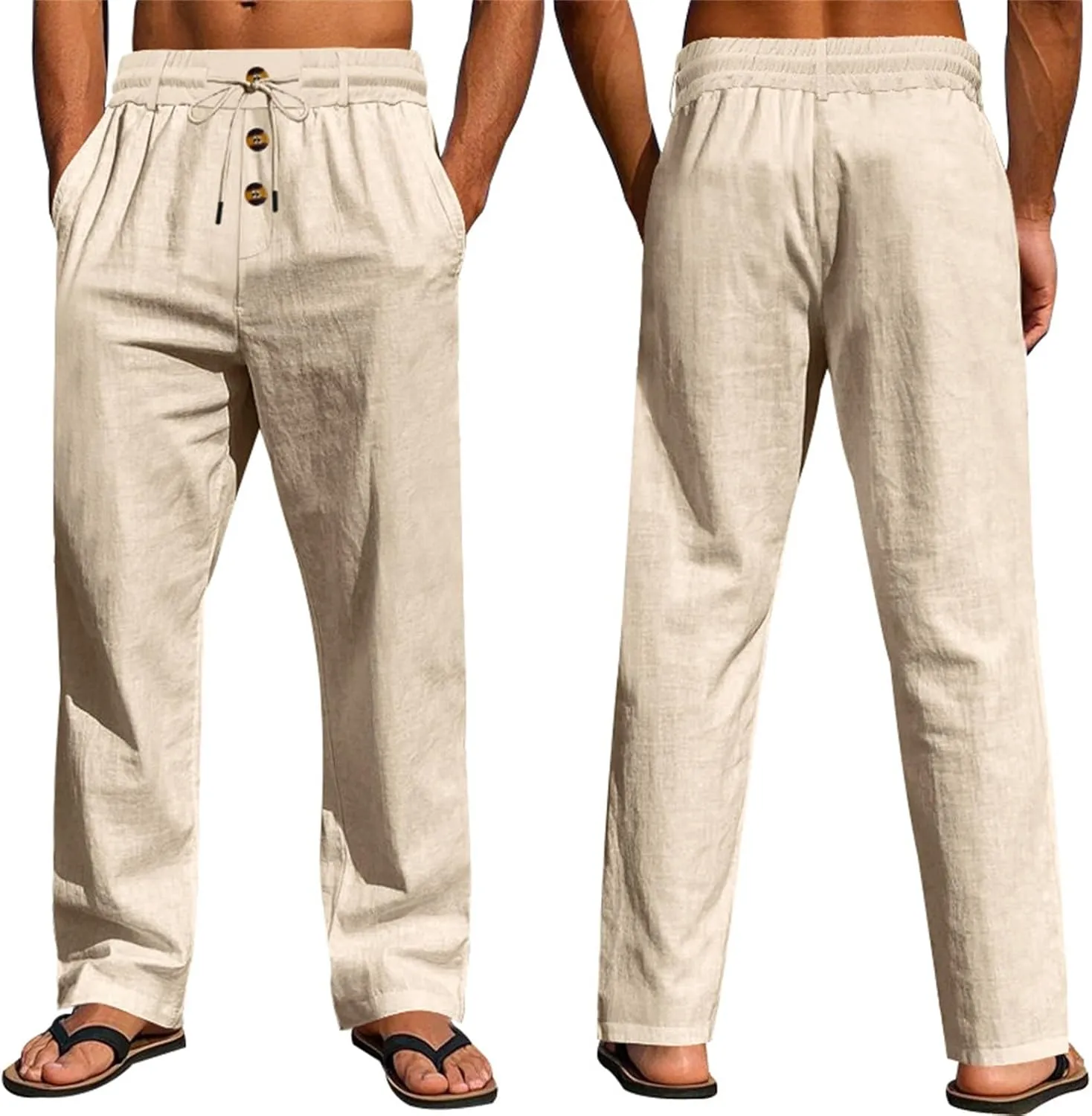 Mens Pants Casual Linen Drawstring Elastic Waist Loose Fit Casual Pants Lightweight Straight Leg Beach Yoga Trousers