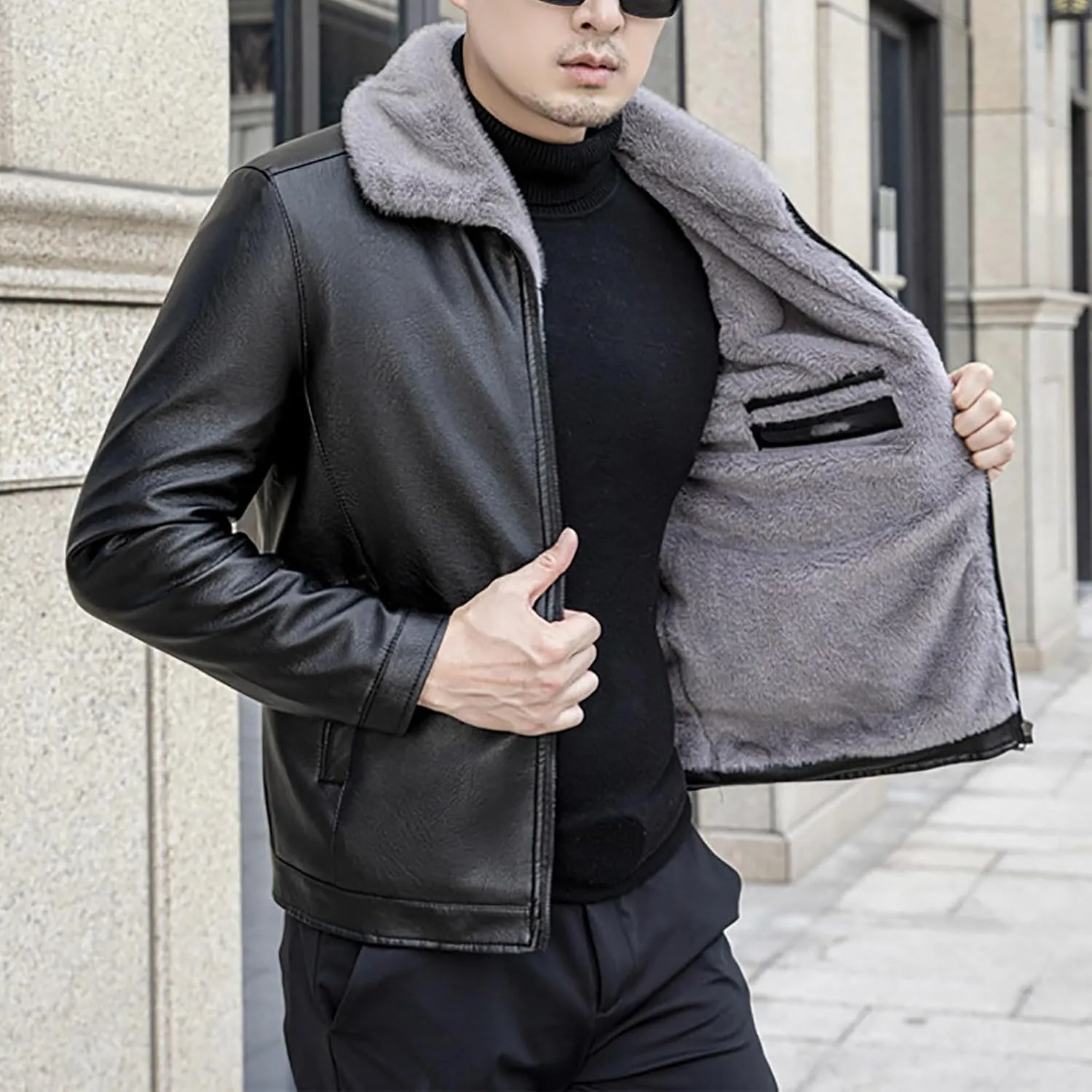 Mens Sherpa Lined Jackets Full-Zip Fur Motorcycle Bomber Jacket Winter Warm Fuzzy Coats Winter Lapel Collar Outwear
