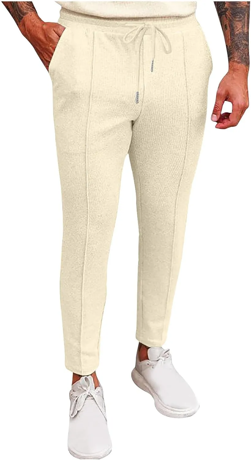 Men's Smart Rugby Trousers Waffle Pants Stretch Chinos Casual Elastic Waist Sweatpants Business Office Work Home Pants