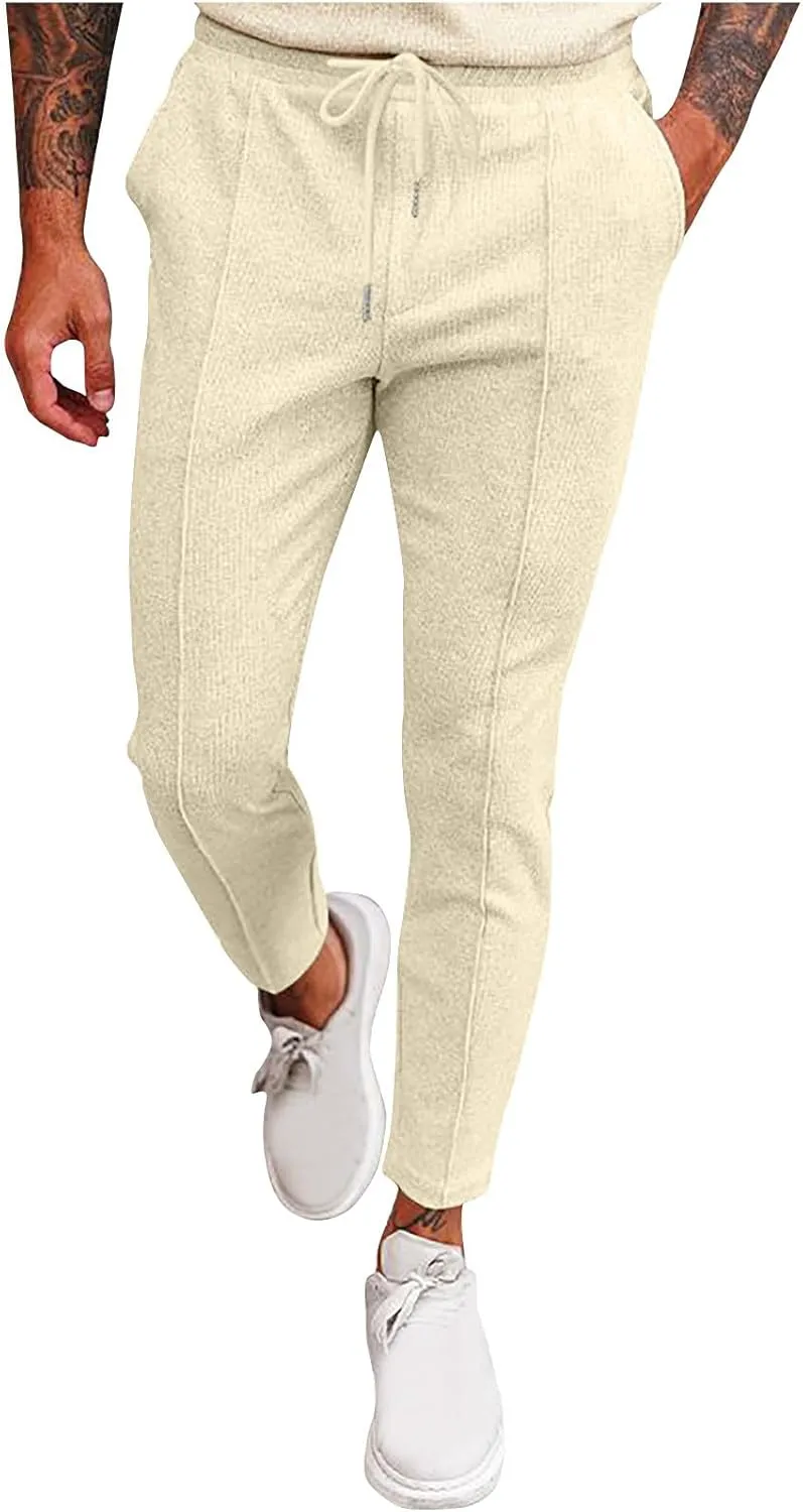 Men's Smart Rugby Trousers Waffle Pants Stretch Chinos Casual Elastic Waist Sweatpants Business Office Work Home Pants