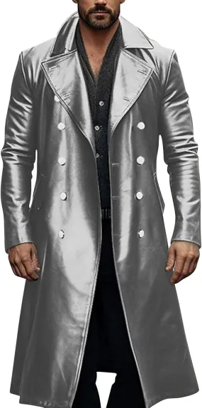 Men's Vintage Medieval PU Leather Long Trench Coats Notch Lapel Long Sleeve Double Breasted Windbreaker Jackets