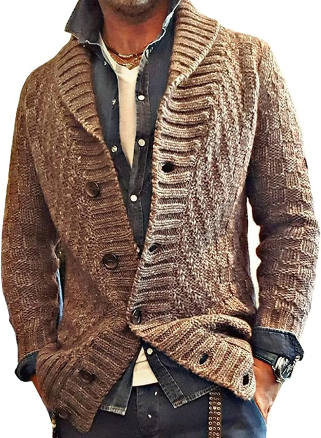Mens Western Cardigan Sweaters with Buttons Grandpa Sweaters Vintage Aesthetic Warm Winter Casual Fisherman Jumpers