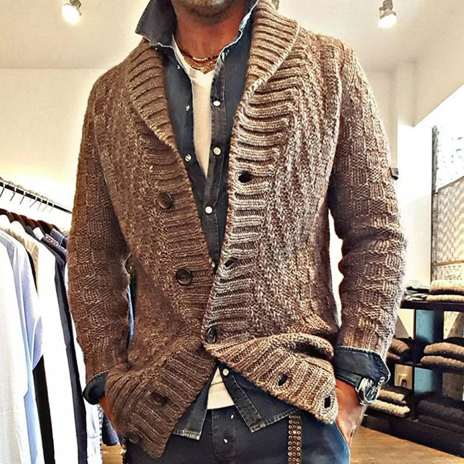 Mens Western Cardigan Sweaters with Buttons Grandpa Sweaters Vintage Aesthetic Warm Winter Casual Fisherman Jumpers