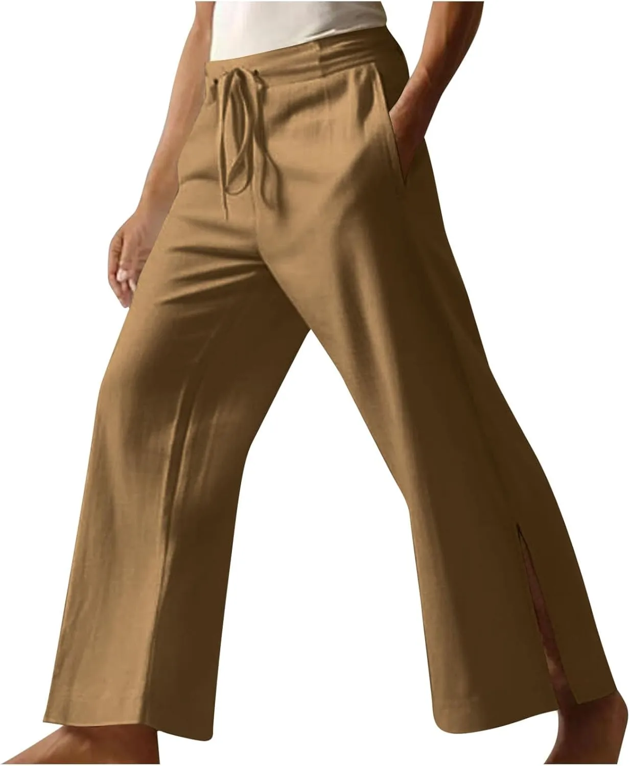 Mens Wide Leg Pants Summer Beach Cotton Linen Pant Lightweight Casual Elastic Waist Drawstring Casual Trousers