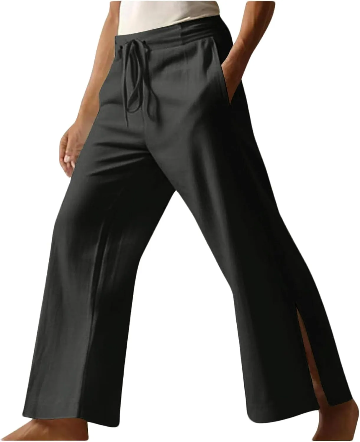 Mens Wide Leg Pants Summer Beach Cotton Linen Pant Lightweight Casual Elastic Waist Drawstring Casual Trousers