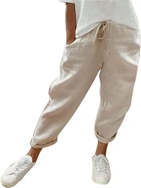 Miyaomn Women's Casual Straight Leg Linen Pants Elastic Waist Drawstring Roll Up Casual Joggers Lounge Trousers with Pockets