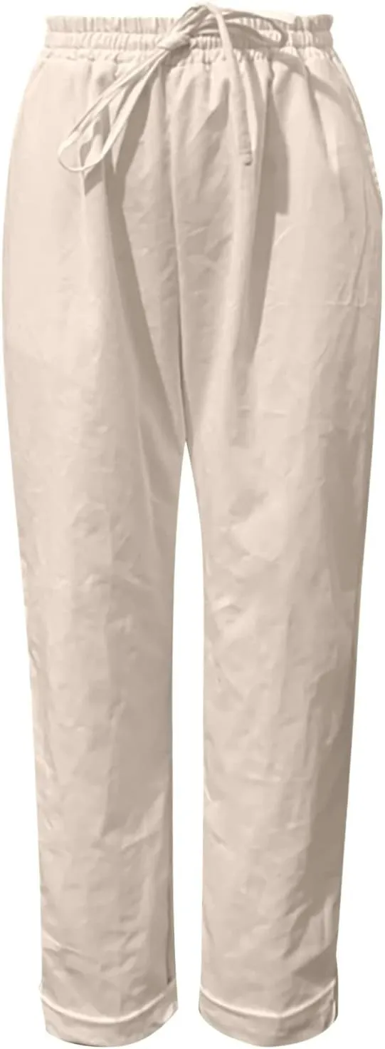 Miyaomn Women's Casual Straight Leg Linen Pants Elastic Waist Drawstring Roll Up Casual Joggers Lounge Trousers with Pockets