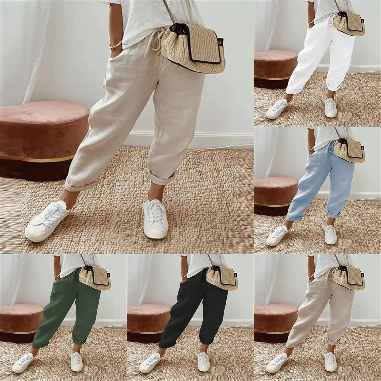 Miyaomn Women's Casual Straight Leg Linen Pants Elastic Waist Drawstring Roll Up Casual Joggers Lounge Trousers with Pockets