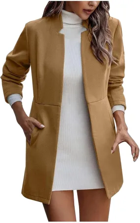 Pea Coats for Women Stand Collar Open Front Trench Coat Casual Winter Warm Mid Long Cardigan Overcoat