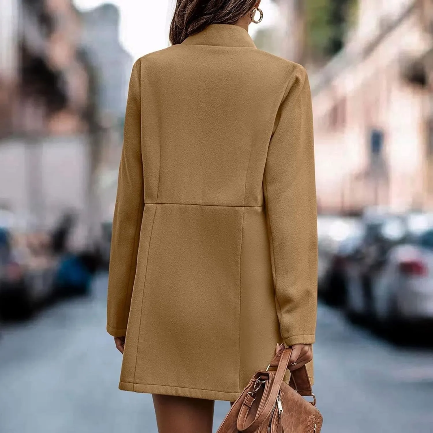 Pea Coats for Women Stand Collar Open Front Trench Coat Casual Winter Warm Mid Long Cardigan Overcoat