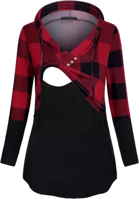 Quinee Women's Long Sleeve Plaid Colorblock Nursing Pullover Hoodie Sweatshirts