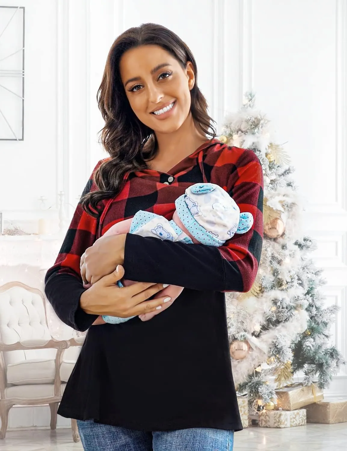 Quinee Women's Long Sleeve Plaid Colorblock Nursing Pullover Hoodie Sweatshirts