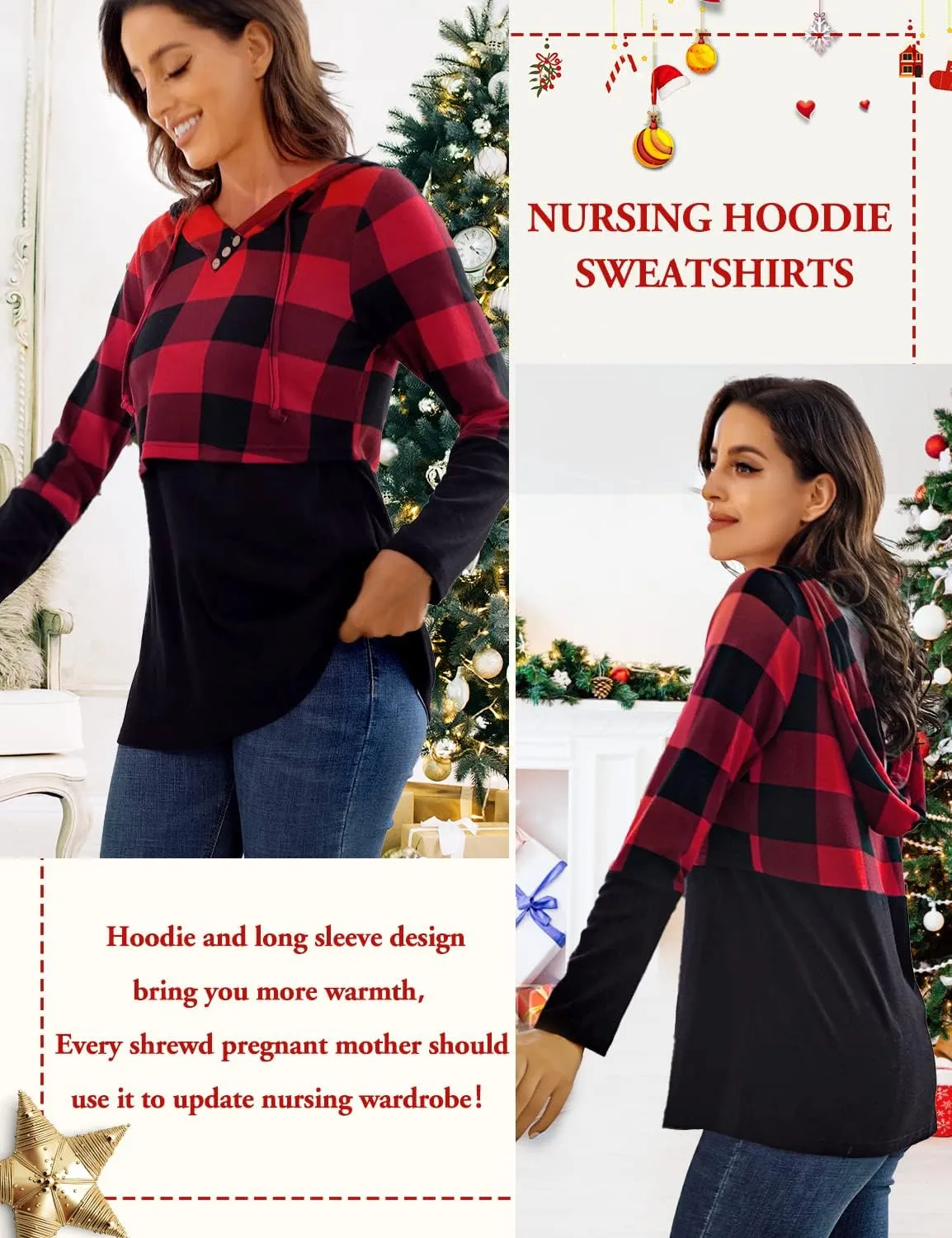 Quinee Women's Long Sleeve Plaid Colorblock Nursing Pullover Hoodie Sweatshirts