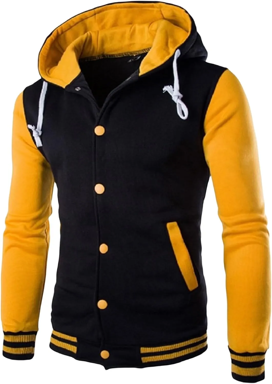 Wankang Mens Hoodie Baseball Jacket Button Down Varsity Jacket Hooded Lightweight Letterman Bomber jacket Coats for Men