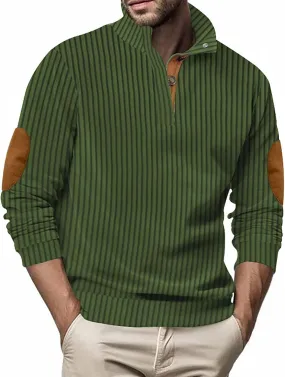 WENKOMG1 Corduroy Shirt for Men Long Sleeve Patchwork Sweatshirt Lightweight Stand Collar Button Down V Neck Sweater